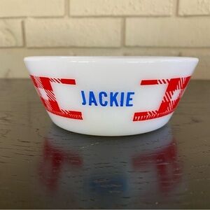 VINTAGE MILK GLASS FEDERAL WESTFIELD PERSONALIZED RED CHECKERED BOWL JACKIE